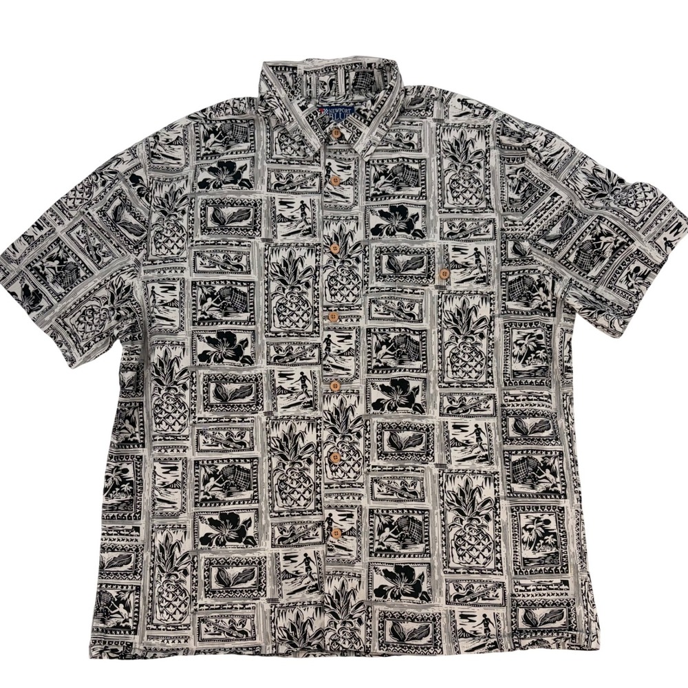 Vintage‎ Style Hawaiian Aloha Shirt Black White Surf Island Button Up XL